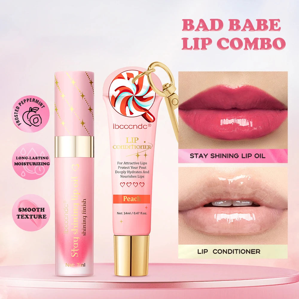 Lip Gloss Duo Combo with Keychain Long Lasting Nourish Plumper Lip Cosmetics Christmas Gift