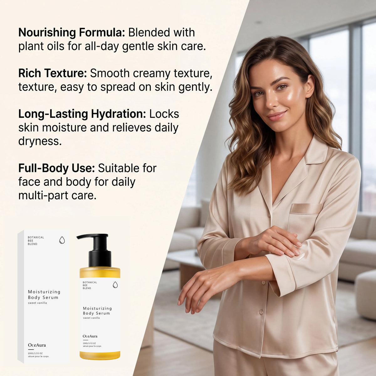 OceAura Botanical Bee Blend Sweet Vanilla Moisturizing Body Serum Long Lasting Hydrating Non Sticky Smooth Dry Skin Nourishing