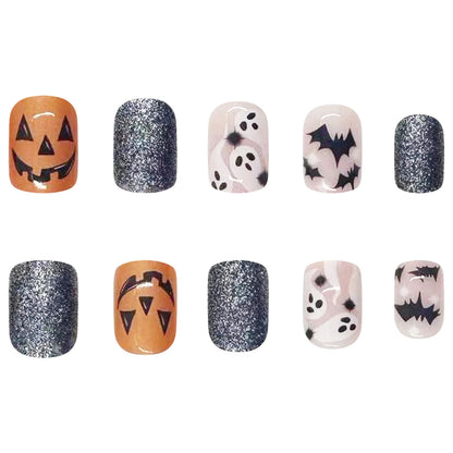 24pcs Halloween Fake Nails With Black Ghost Bat Pumpkin Design Wearable Colorful Glitter Short Square False Nails Press On Nails