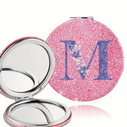 Women Folding Makeup Mirror Facial Beauty Makeup Care Tool Durable PU Surface Waterproof Ideal Party Gift Pink Flower Pattern
