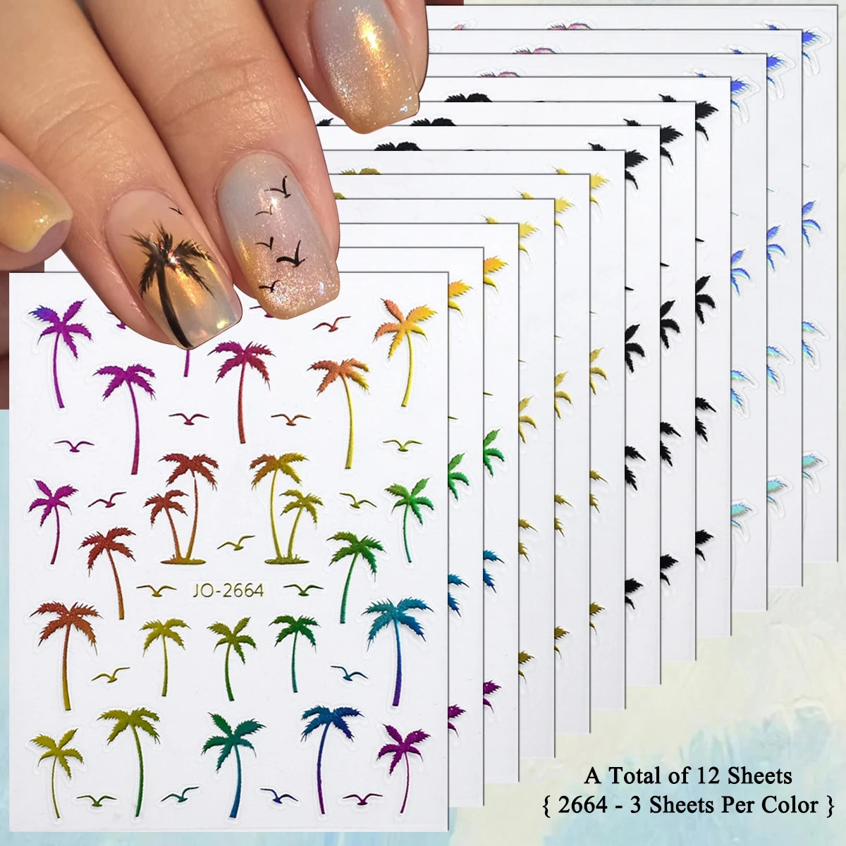2/4/8/12/20 Sheets 3D Palm Tree Nail Stickers Tropical Coconut Tree Seagull Self Adhesive Summer Beach Nail Decals