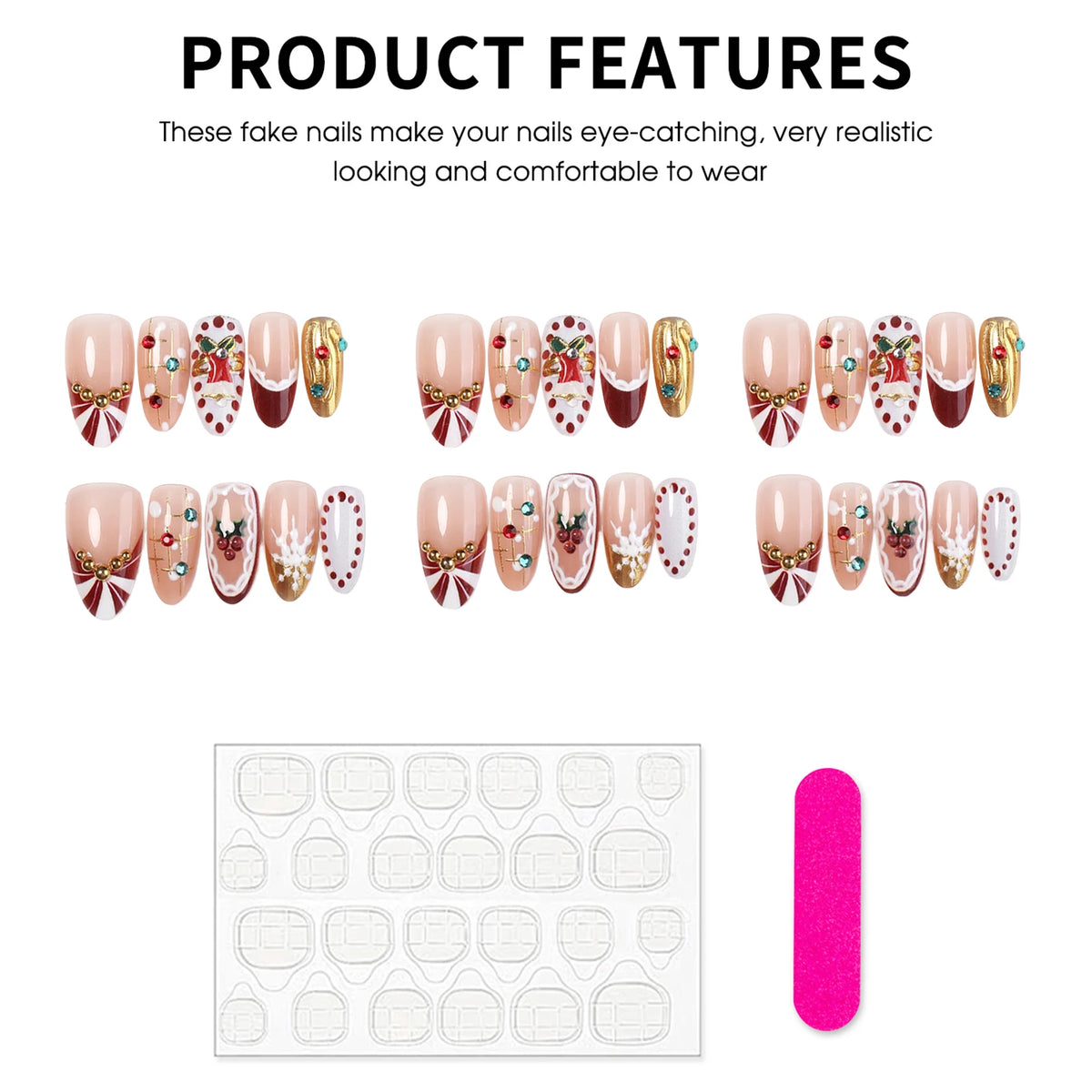30pcs French Style Almond Press On Nails Christmas Theme DIY Party False Nails Gold Metal Beads Snowflake Desings Fake Nail