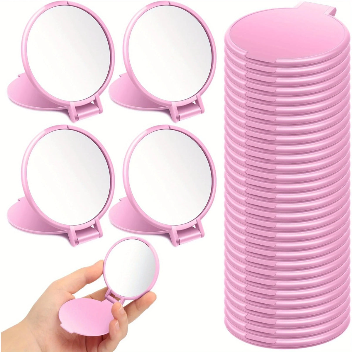 20/50pcs Pink Black Portable Mini Folding Makeup Mirrors - Women's Travel Daily Grooming Mirror, Durable Plastic Frame