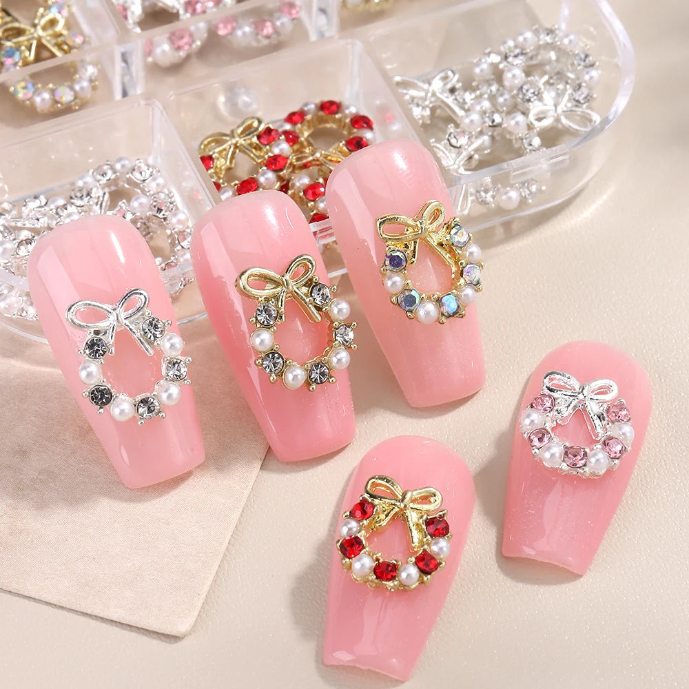 3D Christmas Nail Art Charms; Gold & Silver Bows and Wreaths; Cute Winter Designs for DIY Manicures and Salon Accessories