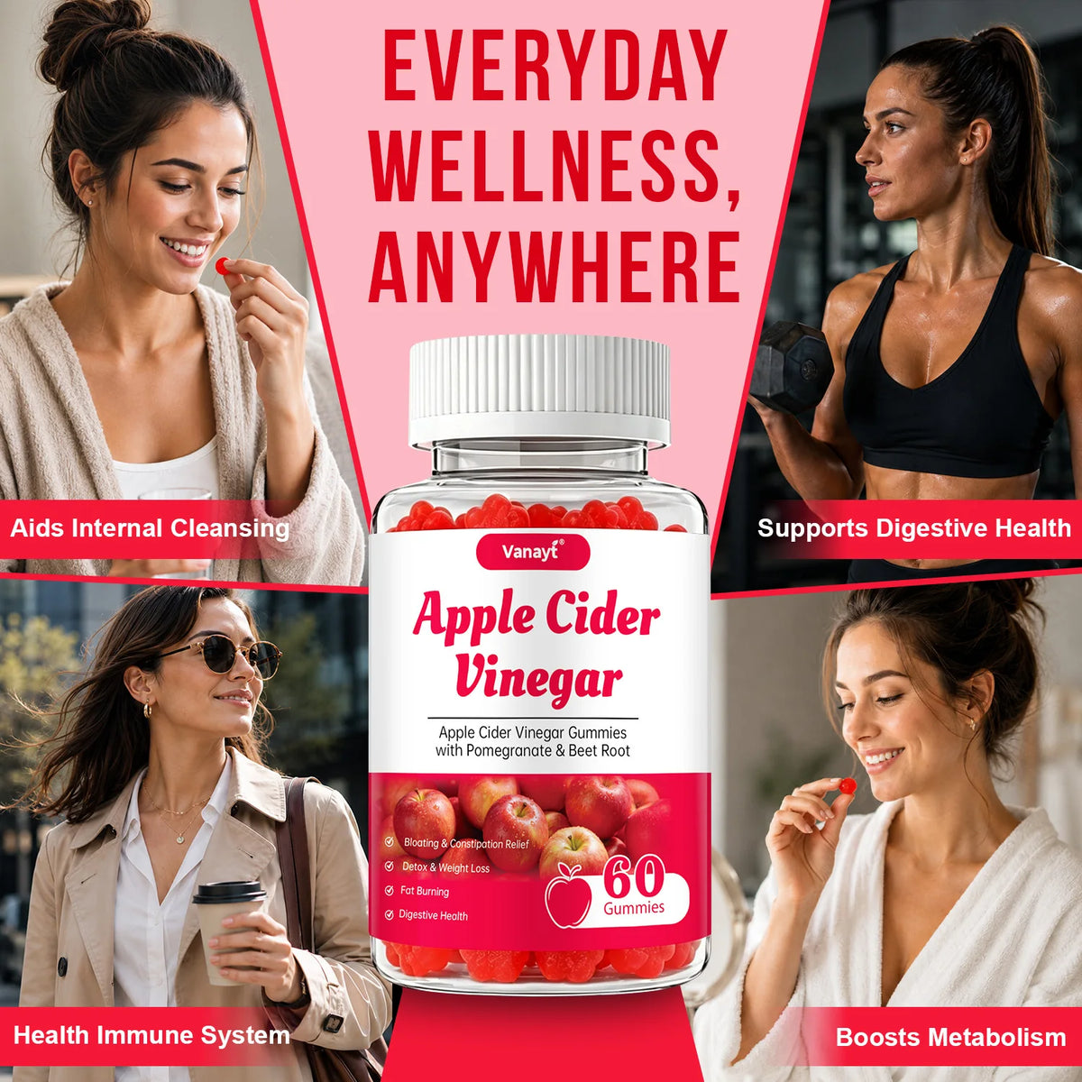 Apple Cider Vinegar Gummies with Pomegranate & Beet Root, Herbal Supplement, Support Digestive & Gut Wellness, Daily Wellness Gummy, 60 Counts