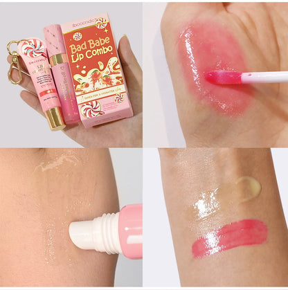 Strawberry Scent Lip Gloss Duo Combo with Keychain Long Lasting Nourish Plumper Lip Cosmetics Christmas Gift