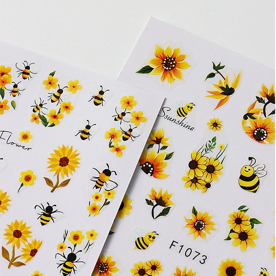 Bee Sunflower Floral Nail Art Stickers with Yellow Daisy Flower Garden Nail Decals Self-Adhesive Sliders DIY Nail Supplies