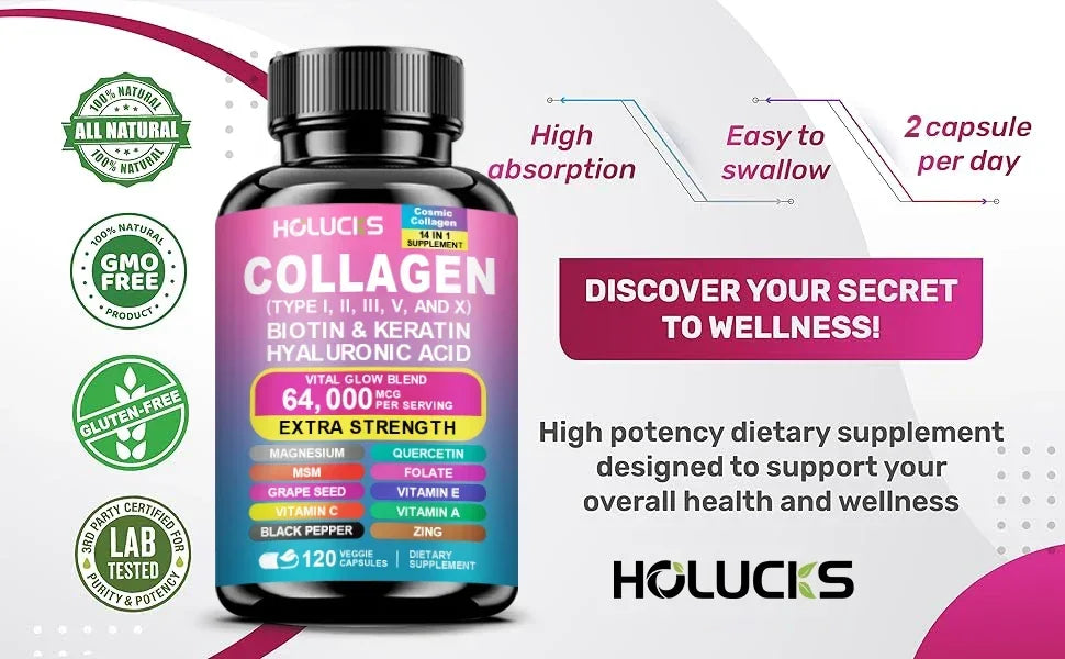 Collagen Capsules with Vitamin A C E Biotin, Support Skin Nail Joint Health, Hair Growth, Anti Aging, Firming, Whitening, Energy
