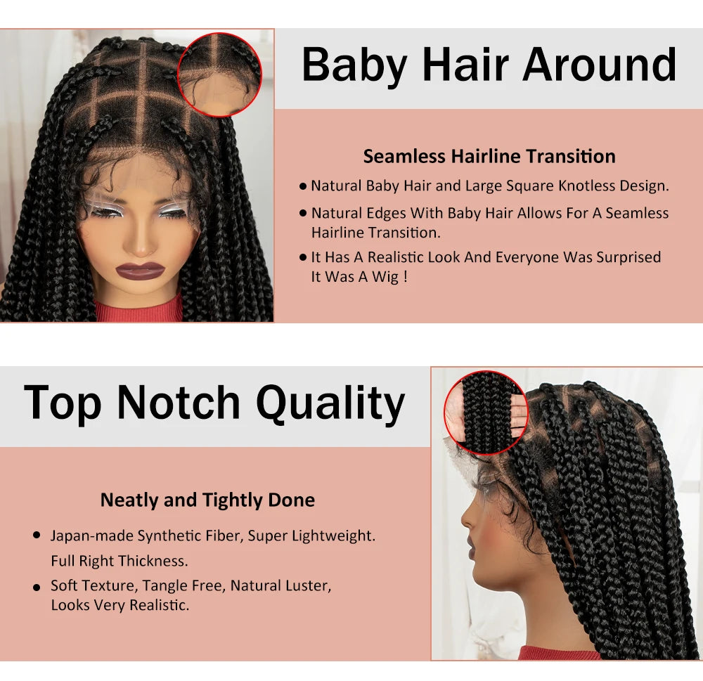 36inch Box Braided Wigs Synthetic Full Lace Braiding Hair Wigs Knotless Lace Frontal Braids Wig with Baby Hair for Black Women