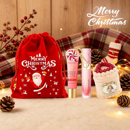 Christmas Limited 2‑in‑1 Lip Gift Set Strawberry Cake Mousse Matte Lip Mud Santa Red Velvet Pouch Lip Balm Lip Oil 7 Shades