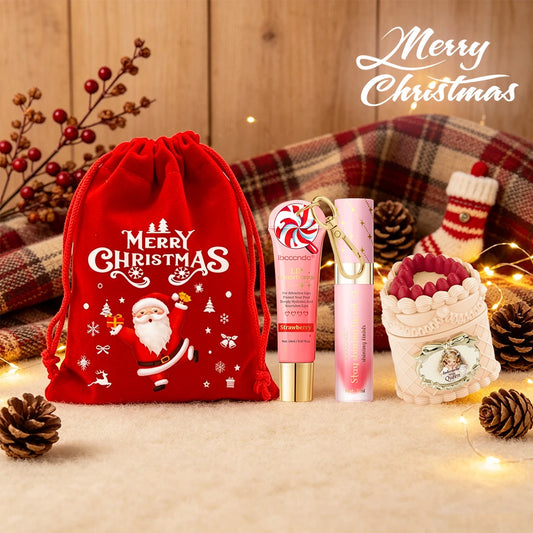 Christmas Limited 2‑in‑1 Lip Gift Set Strawberry Cake Mousse Matte Lip Mud Santa Red Velvet Pouch Lip Balm Lip Oil 7 Shades
