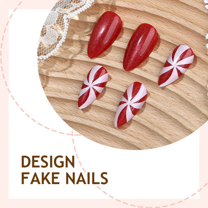 24PCS Red Cat Eye Striped French Christmas Press-On Nails Shiny High-Quality Reusable False Nail Tips Wholesale