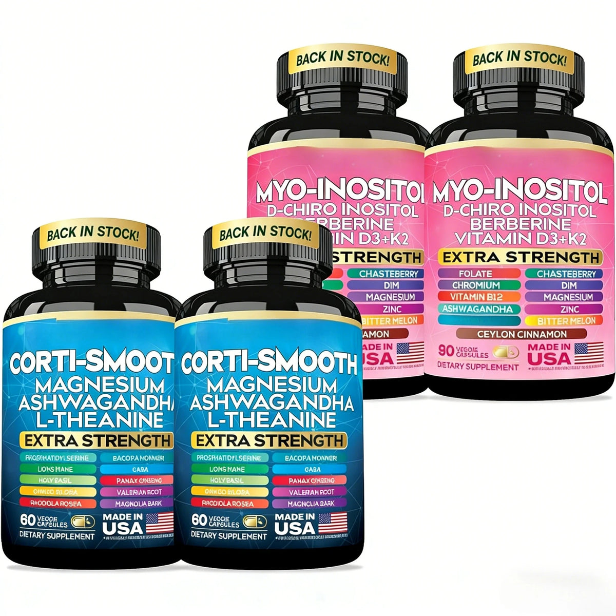 Cortisol & Myo-Inositol Supplement Bundle, Soothe & Smooth Bundle, 13-in-1 Cortisol Balance, Magnesium, Ashwagandha, L-Theanine