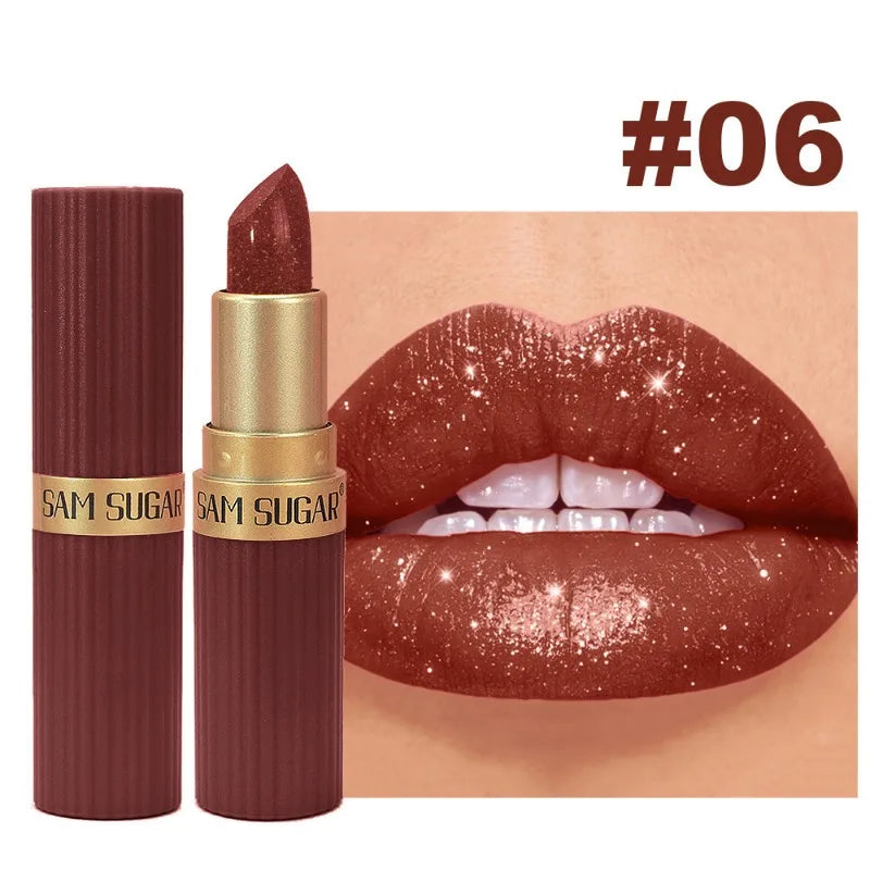 Pearlescent Pink Glitter Velvet Lipstick Waterproof Long Lasting Metallic Shimmer Diamond Lip Gloss Women Makeup Cosmetics