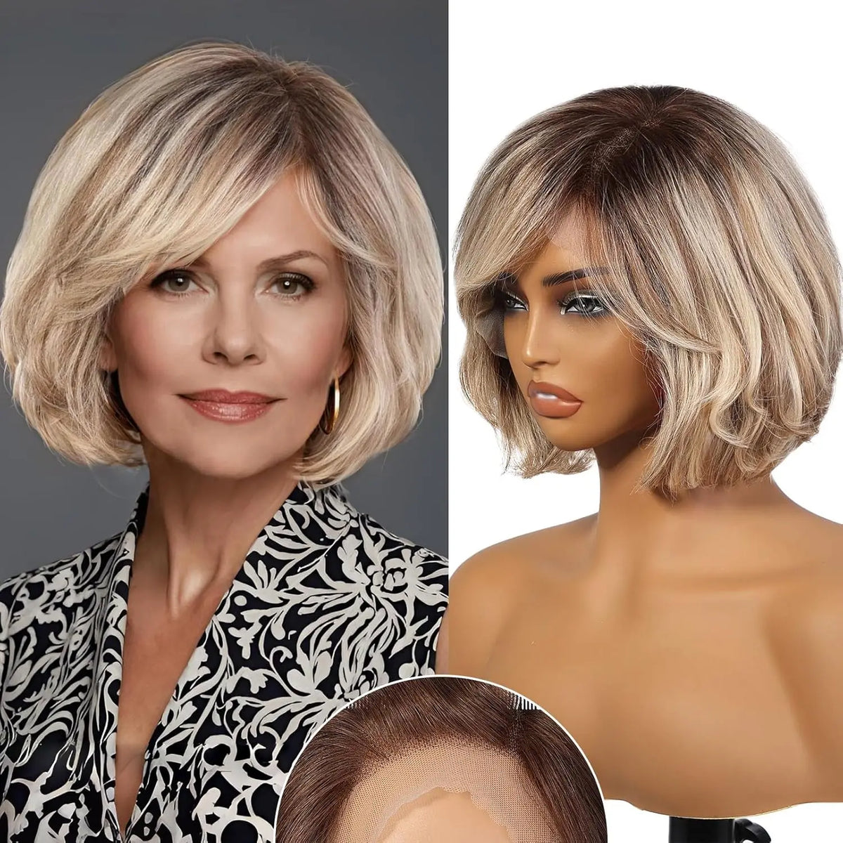 Short Layered Wavy Bob Wig with Bangs for Women Blonde Highlights Human Hair 12 Inches HD Lace Front Wigs With Dark Roots