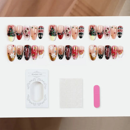 24PCS Christmas Red Almond Press on Nails Sweet 3D Gingerbread Man Xmas Tree Snowflake Design False Nails Wearable Acrylic Nails