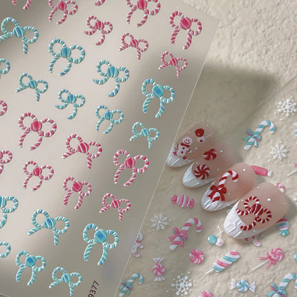 Cute Cartoon Christmas 5D Nail Stickers Red White Candy Cane Mint Cookie Gingerbread Man Snowflake Self Adhesive Nail Decals