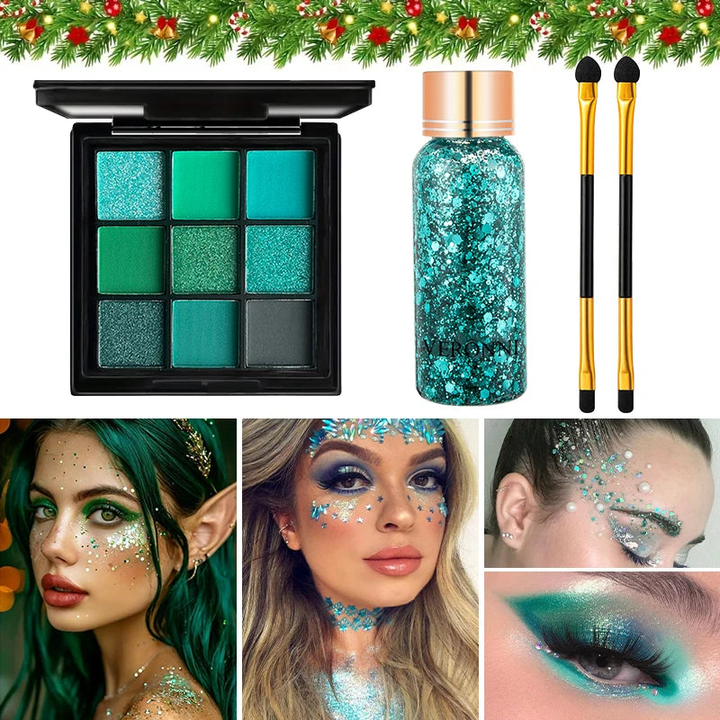 9 Colors Green Eyeshadow Palette + Glitter Gel + Brushes Set, Matte Shimmer Pigmented Makeup Kit for Halloween Cosplay Party