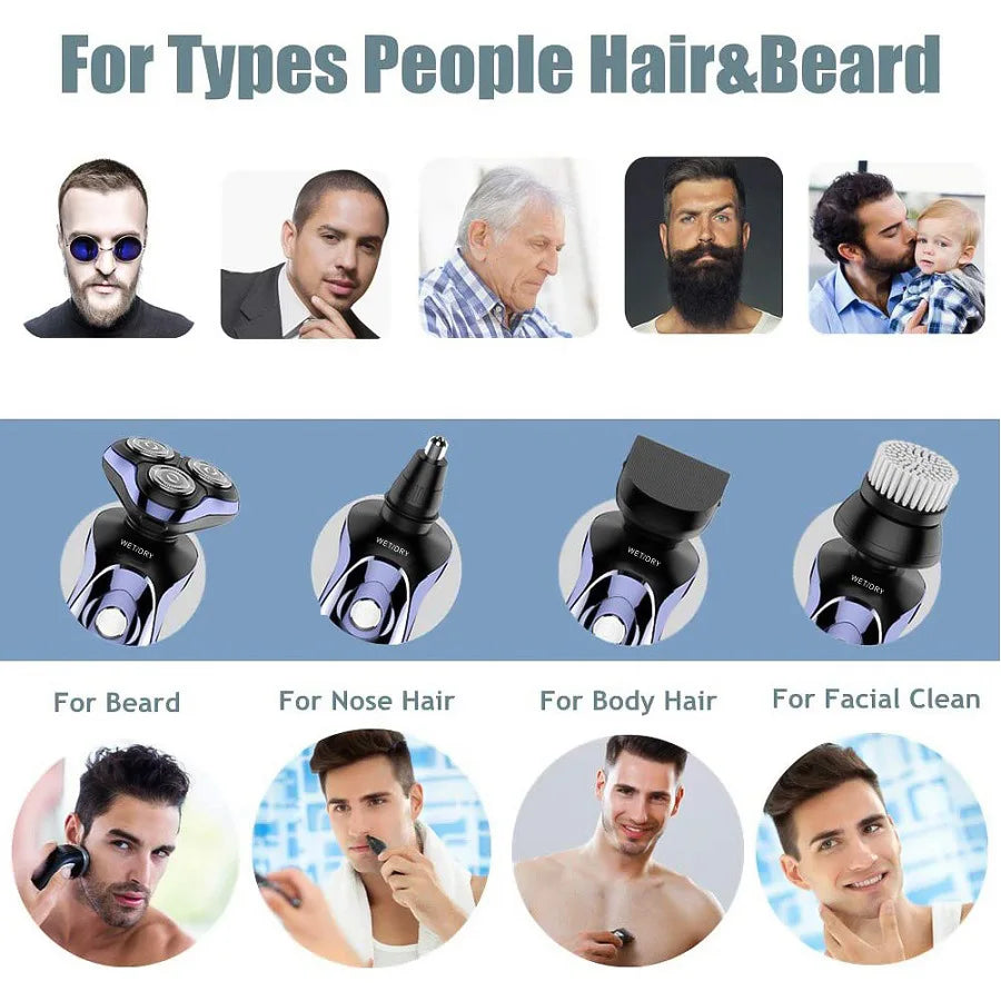TINSOL 6 in 1 Electric Shaver Men's Razor Set Hair Clipper Beard Trimmer Nose Hair Trimmer Digital Display Electric Shaver Set
