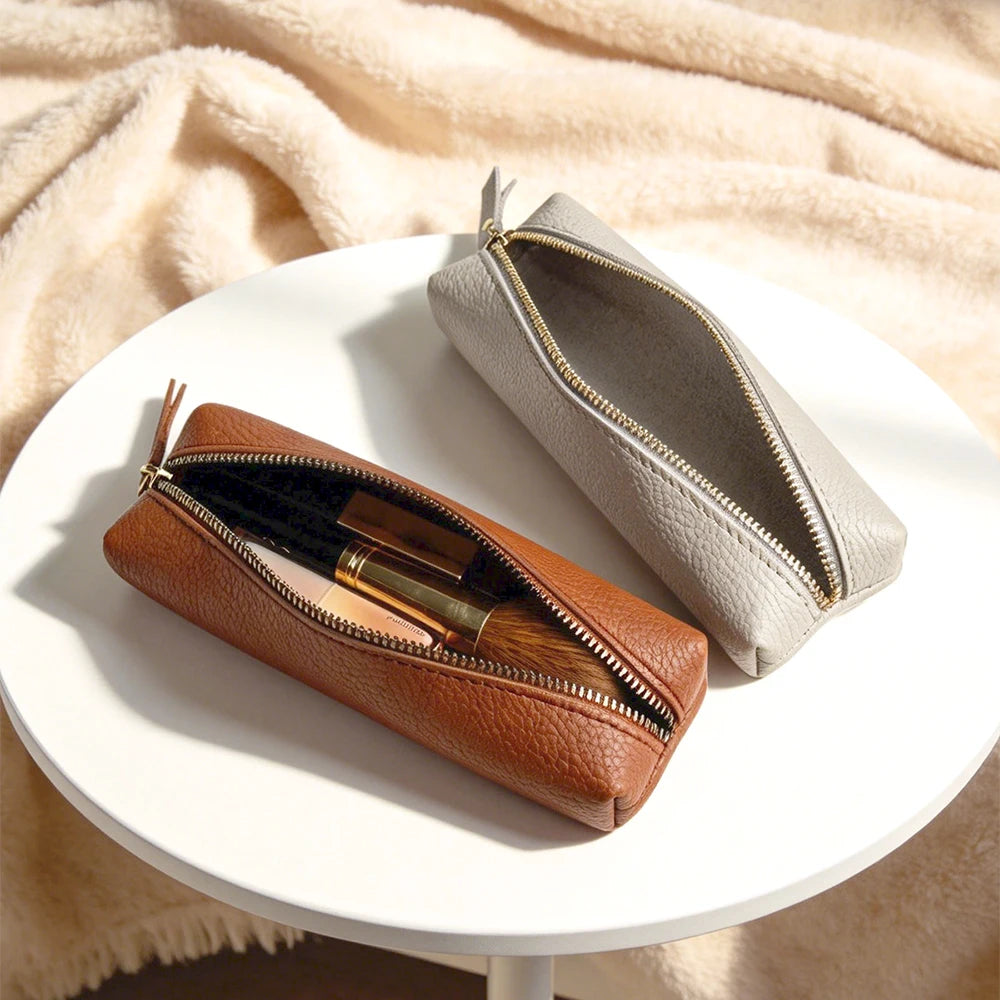 Travel Luxury PU Leather Engrave Name Cosmetic Bag Zipper Fashion Small Make Up Bag Business Pen Pouch Versatile Storage Bags
