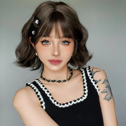 Curly Short Bob Brown Wavy Synthetic Wigs with Bangs Lolita Cosplay Brown Wig for Women Natural Daily Party Hair Heat Resistant