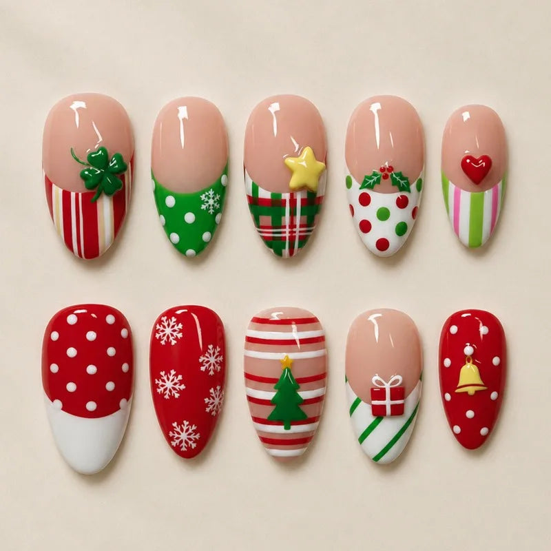 24PCS Christmas Red Almond Press on Nails Sweet 3D Gingerbread Man Xmas Tree Snowflake Design False Nails Wearable Acrylic Nails
