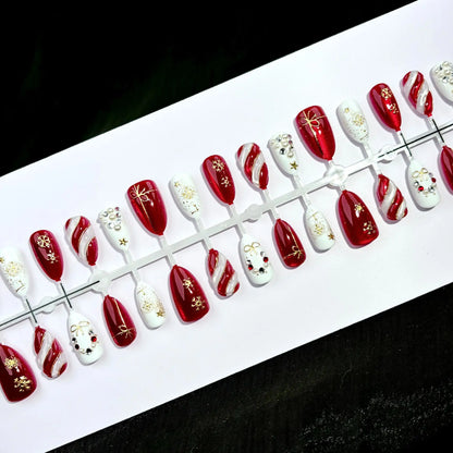 30pcs Christmas Burgundy Red Press On Nails Gold Bow Snowflake Pearl Fake Nail Short Oval Rhinestone 3D False Nail for Women