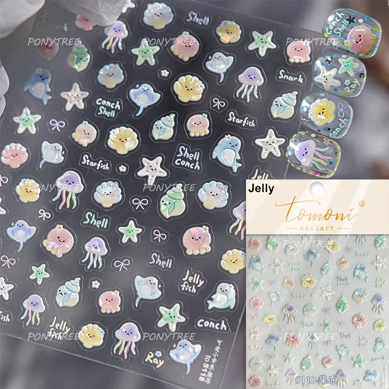 Gold Stamped Shell Conch Scallop Starfish Pearl 5D Embossed Self Adhesive Nail Art Stickers Delicate Ocean Style Manicure Decals
