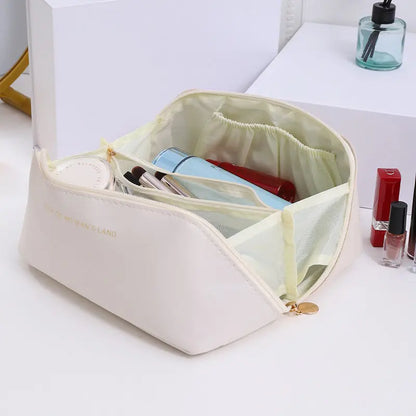 Women Travel Makeup Bag PU Cosmetic Organizer Large Capacity Toiletry Bag Wide Opening Portable Wash Bag