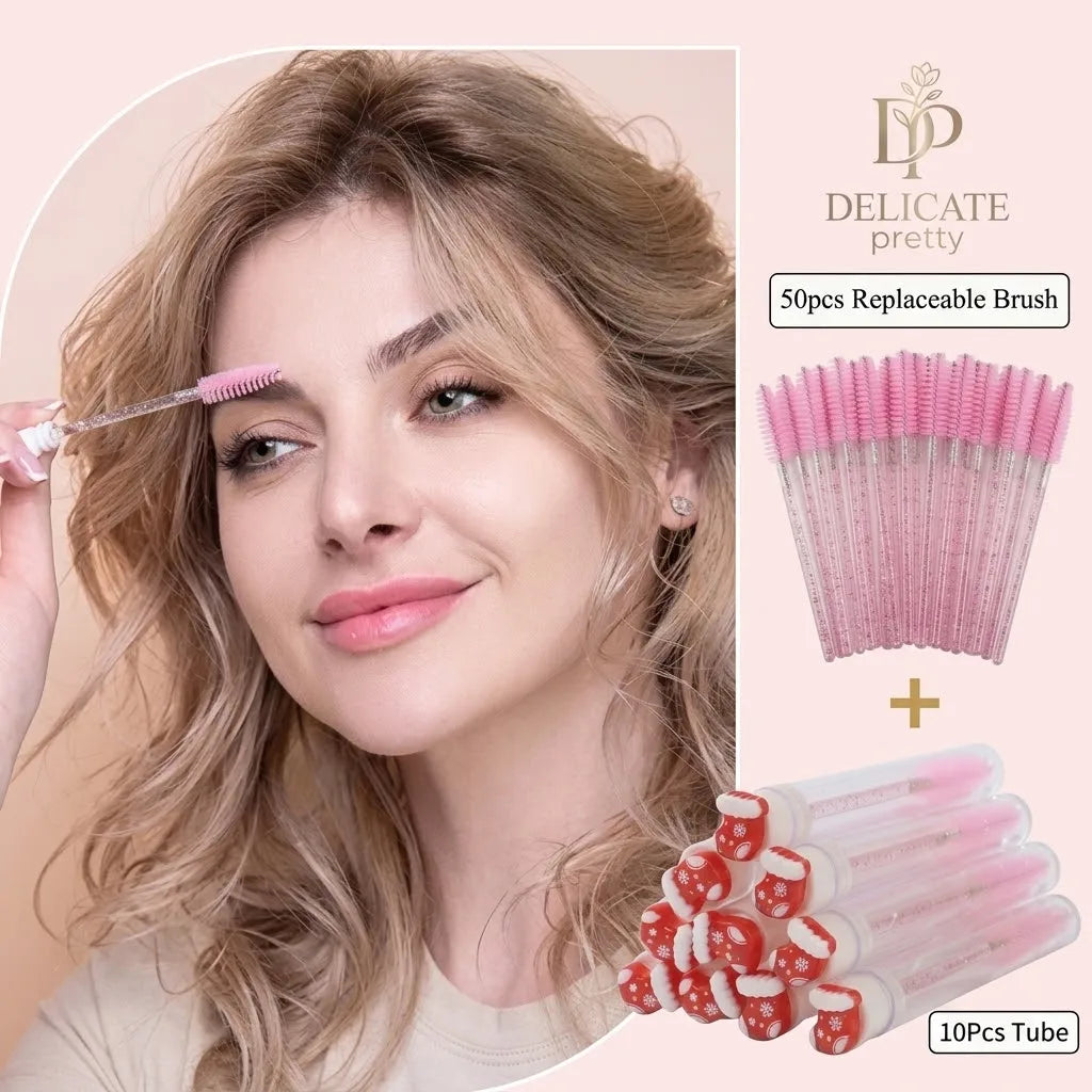 10PCS Christmas Mascara Wand in Tube with 50pcs Nylon Bristles for Eyelash Extension and Replacement Eyelash Brush Eyelash Comb