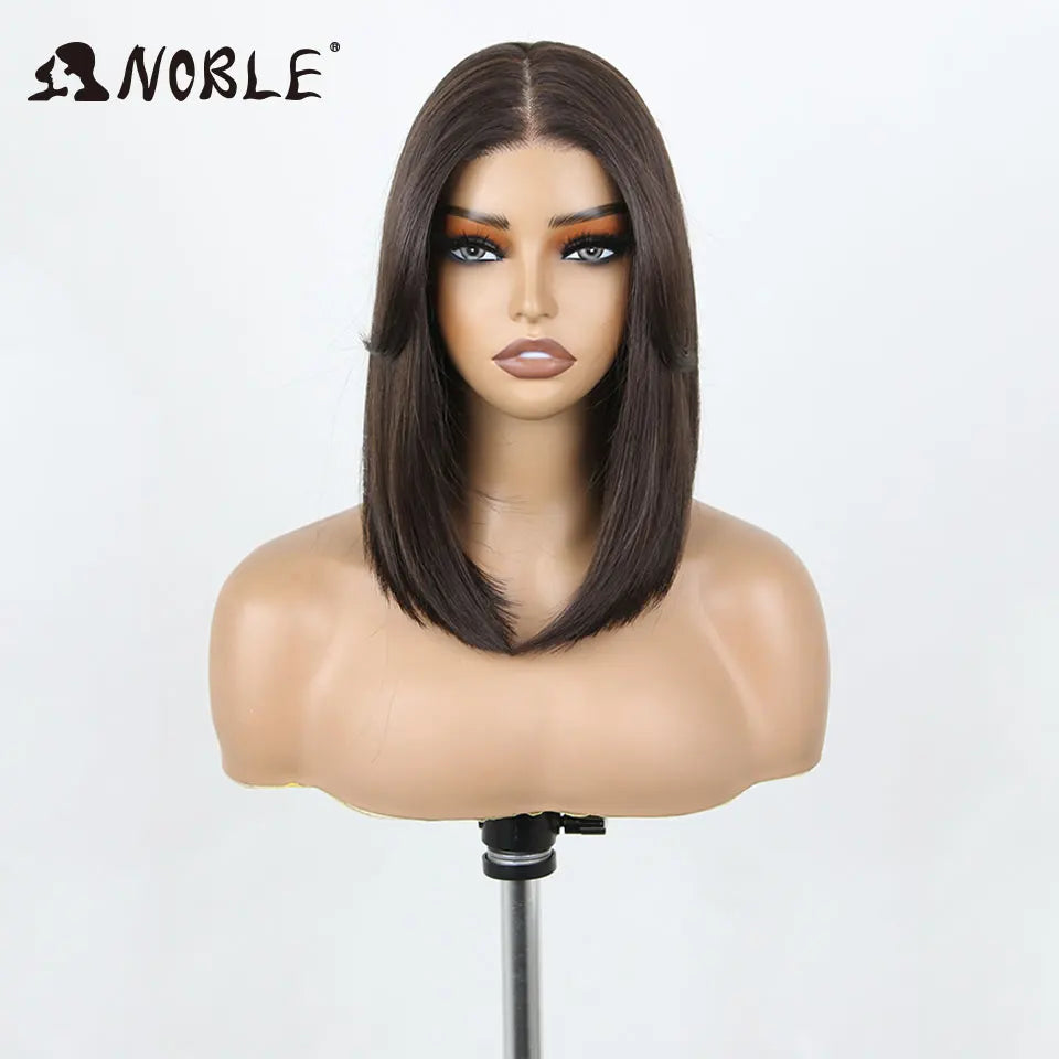Noble Synthetic Lace Front Wigs For Women 12 Inch Pre Plucked Pre-Cut Ombre Brown Blonde Straight Layered Bob Wig Cosplay Wig