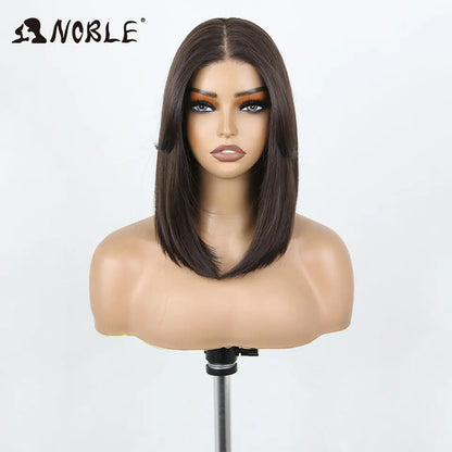 Noble Synthetic Lace Front Wigs For Women 12 Inch Pre Plucked Pre-Cut Ombre Brown Blonde Straight Layered Bob Wig Cosplay Wig