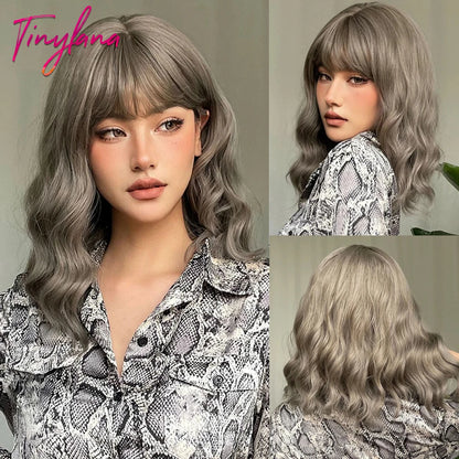 Curly Short Bob Brown Wavy Synthetic Wigs with Bangs Lolita Cosplay Brown Wig for Women Natural Daily Party Hair Heat Resistant