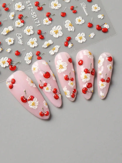 2pcs 5D Embossed Elegant Cherry Fruit Nail Art Stickers, Spring White Flower Self-Adhesive Nail Decals, Wedding Nail Decorations, Nail Art Accessories Nails Nail Supplies