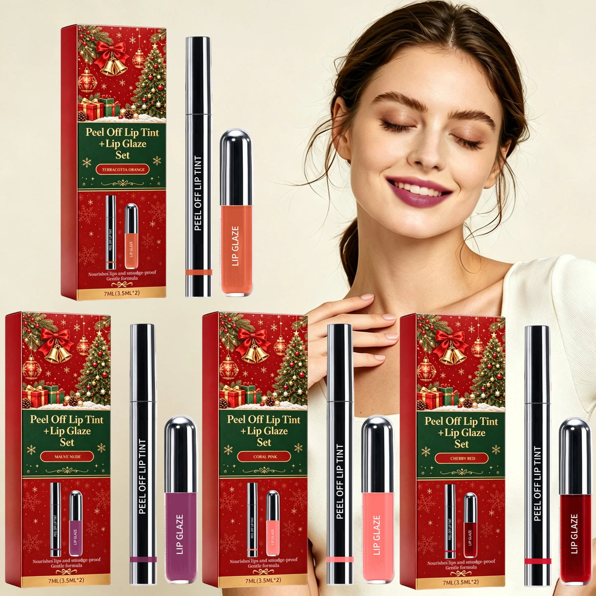 Christmas Peel Off Lip Tint Set Smudge Proof Easy Apply Nourishing Comfortable Wear Festive Long Lasting Lip Stain With Glaze