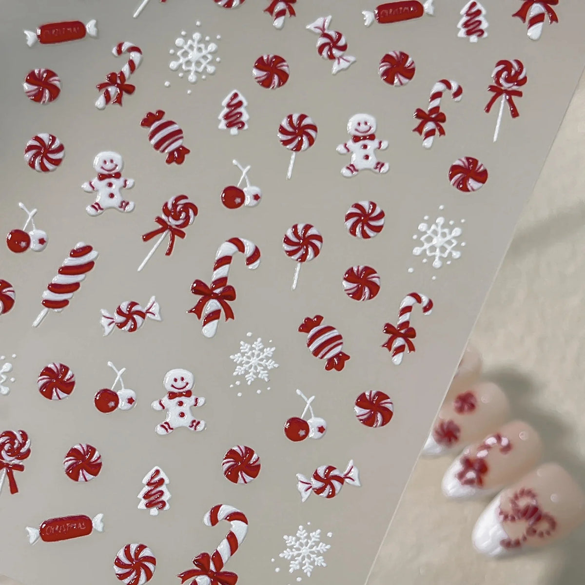 Cute Cartoon Christmas 5D Nail Stickers Red White Candy Cane Mint Cookie Gingerbread Man Snowflake Self Adhesive Nail Decals