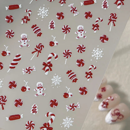 Cute Cartoon Christmas 5D Nail Stickers Red White Candy Cane Mint Cookie Gingerbread Man Snowflake Self Adhesive Nail Decals