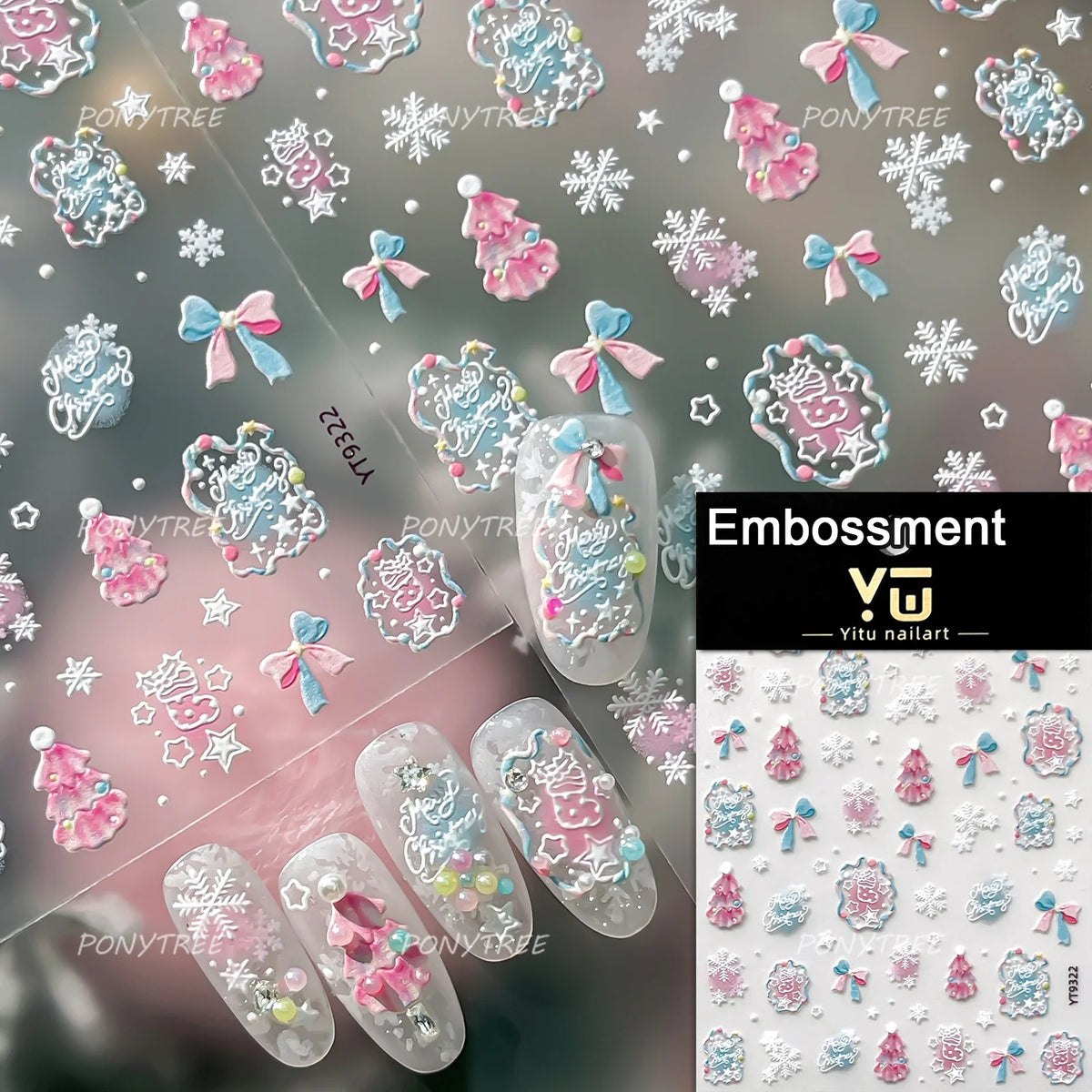 Tender Blue Christmas Tree Hanging Ball Ribbon Gold Star Snowflakes Bowknot Ring Adhesive Nail Charms Art Sticker Manicure Decal
