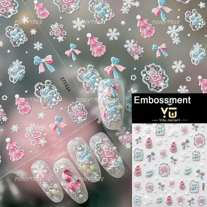 Tender Blue Christmas Tree Hanging Ball Ribbon Gold Star Snowflakes Bowknot Ring Adhesive Nail Charms Art Sticker Manicure Decal