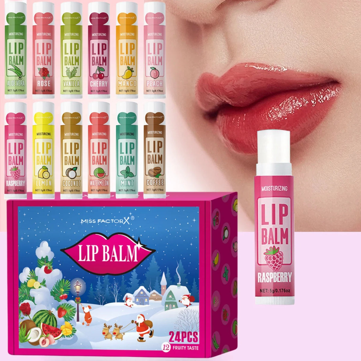 24PCS/ Box 12 Kinds of Flower and Fruit Lip Balm Set Gift Natural Fragrance Moisturizing Exfoliating and Brightening Lip Color