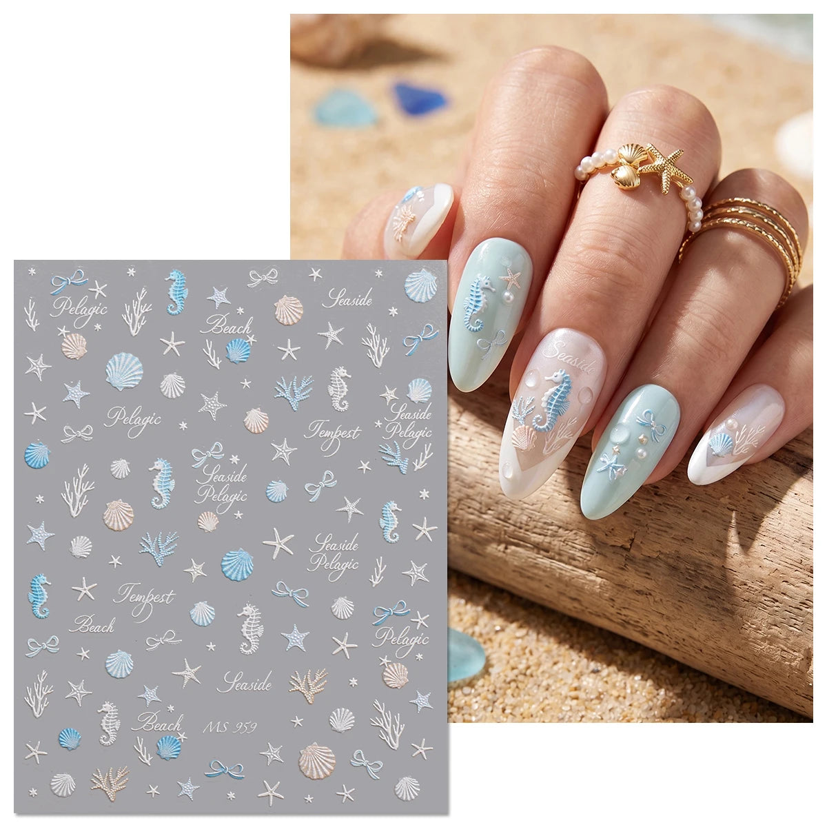 Aurora Ocean Shell Nail Stickers - Summer Beach 3D Relief Sea Star Seahorse Decals - Spring Vacation Nail Tech Supplies