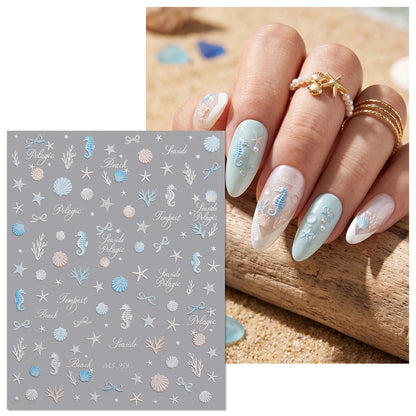 Aurora Ocean Shell Nail Stickers - Summer Beach 3D Relief Sea Star Seahorse Decals - Spring Vacation Nail Tech Supplies