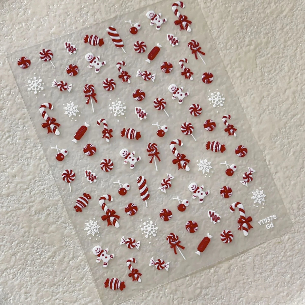 Cute Cartoon Christmas 5D Nail Stickers Red White Candy Cane Mint Cookie Gingerbread Man Snowflake Self Adhesive Nail Decals
