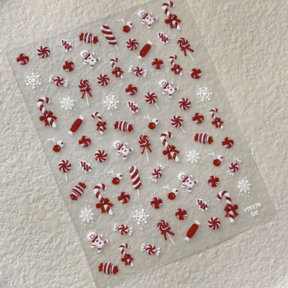 Cute Cartoon Christmas 5D Nail Stickers Red White Candy Cane Mint Cookie Gingerbread Man Snowflake Self Adhesive Nail Decals