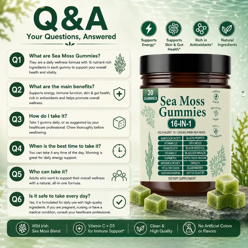 Irish Sea Moss Gummies 1500mg Equivalent 16 in 1 Botanical Blend,Support Digestion&Mood,Antioxidant Protection,Apple Flavor,30Ct