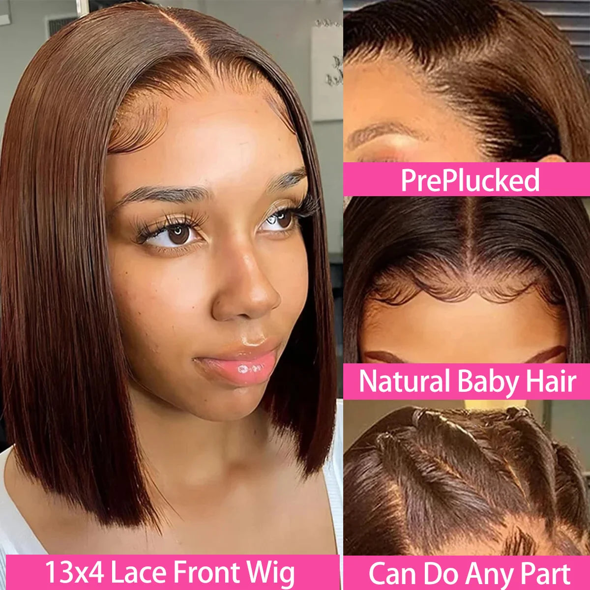 Short 13x4 Lace Front Wig Bob Human Hair Chocolate Brown Straight 200% Density HD Transparent 4x4 Lace Closure Wigs #4 Bob Hair