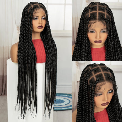 36inch Box Braided Wigs Synthetic Full Lace Braiding Hair Wigs Knotless Lace Frontal Braids Wig with Baby Hair for Black Women
