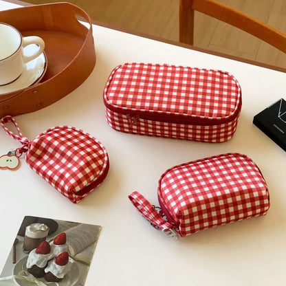 High Quality Red Grid Makeup Bag Multi-size Portable Toiletry Bag Cosmetic Pouch Women Cosmetic Bags & Cases